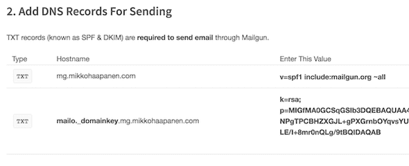 DNS Records on Mailgun